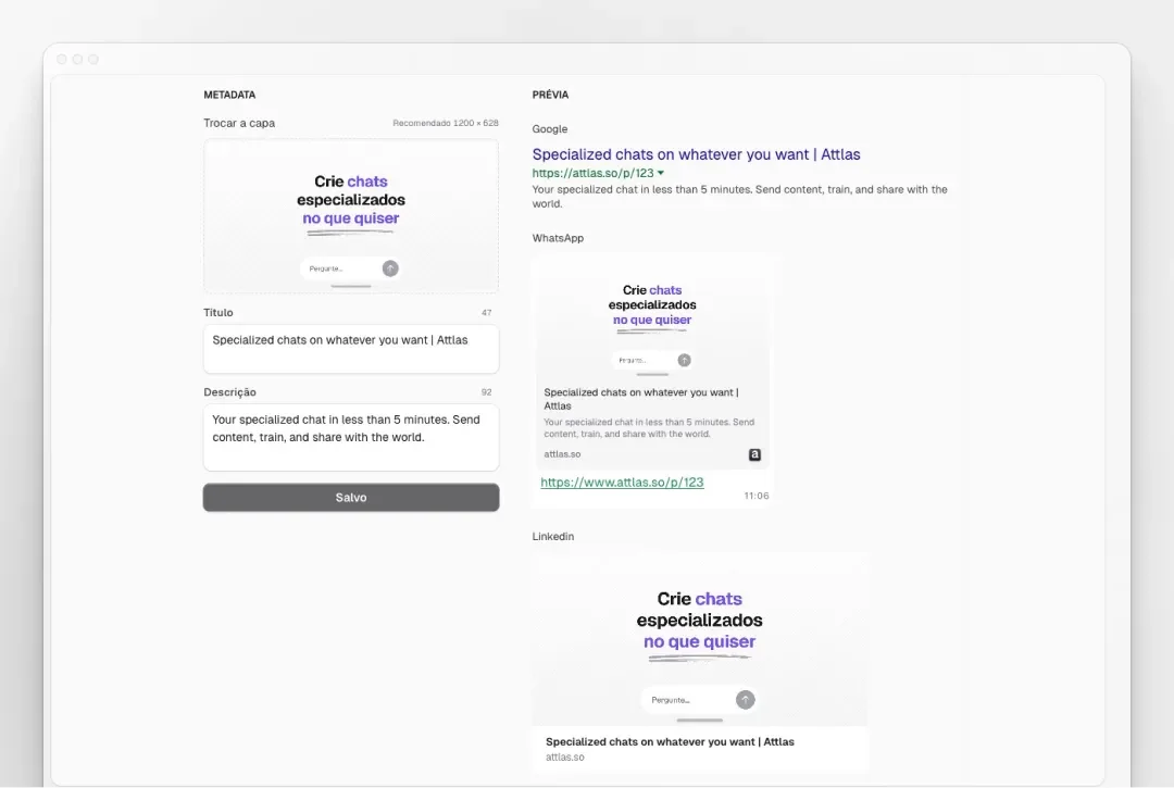 The image features a clean and modern user interface showcasing the Attlas SaaS platform. It includes a promotional section highlighting the ability to create specialized AI chats tailored to user needs. The text appears in both Spanish and English, emphasizing the versatility and ease of use of the platform. Visual elements depict chat previews for WhatsApp and LinkedIn, illustrating how users can implement customized chats across different messaging platforms. The overall layout is user-friendly, designed to attract potential users looking for innovative chat solutions.
