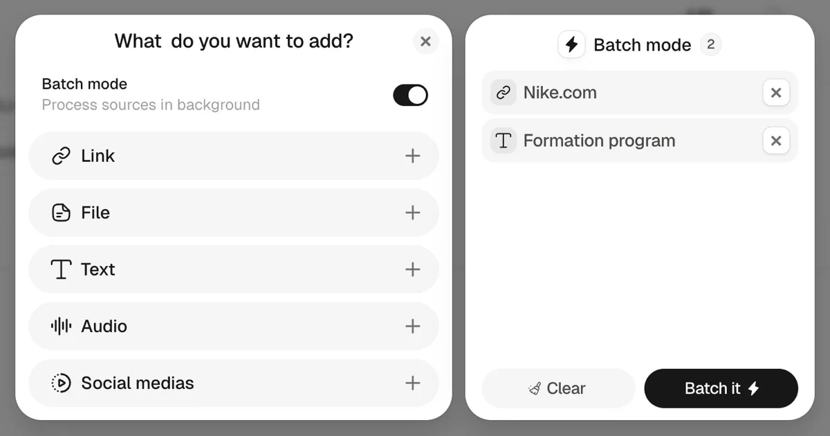 The image displays the user interface of the Attlas platform, highlighting the "Batch mode" feature. On the left side, there are options to add various data types, including links, files, text, audio, and social media sources. The right side shows a list where users can manage added items, such as "Nike.com" and "Formation program," with a clear button and the action button labeled "Batch it." The overall design is sleek and modern, emphasizing ease of use for creating AI chats from diverse data sources.