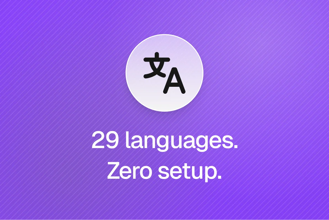 The image features a light purple background with a circular icon in the center, displaying a stylized letter "A" alongside a character representing a language symbol. Below the icon, the text reads "29 languages. Zero setup." This design emphasizes the platform's multilingual capabilities and ease of use, making it appealing for users seeking an accessible AI chat solution.