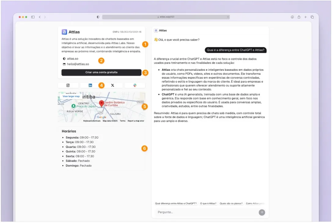 Screenshot of the Attlas platform interface showcasing an AI chat feature. On the left, a map indicates a location with highlighted elements and a pin. On the right, a conversation window displays a chat where a user is asking about the differences between two concepts, "ChatGPT" and "Attlas." The interface is user-friendly with a clean layout, containing buttons for additional options and a question prompt at the bottom. The overall design emphasizes ease of use for creating AI chats personalized with user data.