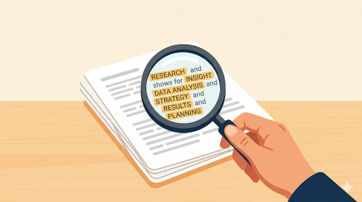 The image features a hand holding a magnifying glass over a stack of papers. The magnifying glass highlights specific words such as "RESEARCH," "INSIGHT," "DATA ANALYSIS," "STRATEGY," "RESULTS," and "PLANNING." This visual emphasizes the importance of detailed examination and understanding in data-driven decision-making. The background is a soft, neutral color, creating a professional and focused atmosphere suitable for a SaaS platform like Attlas.