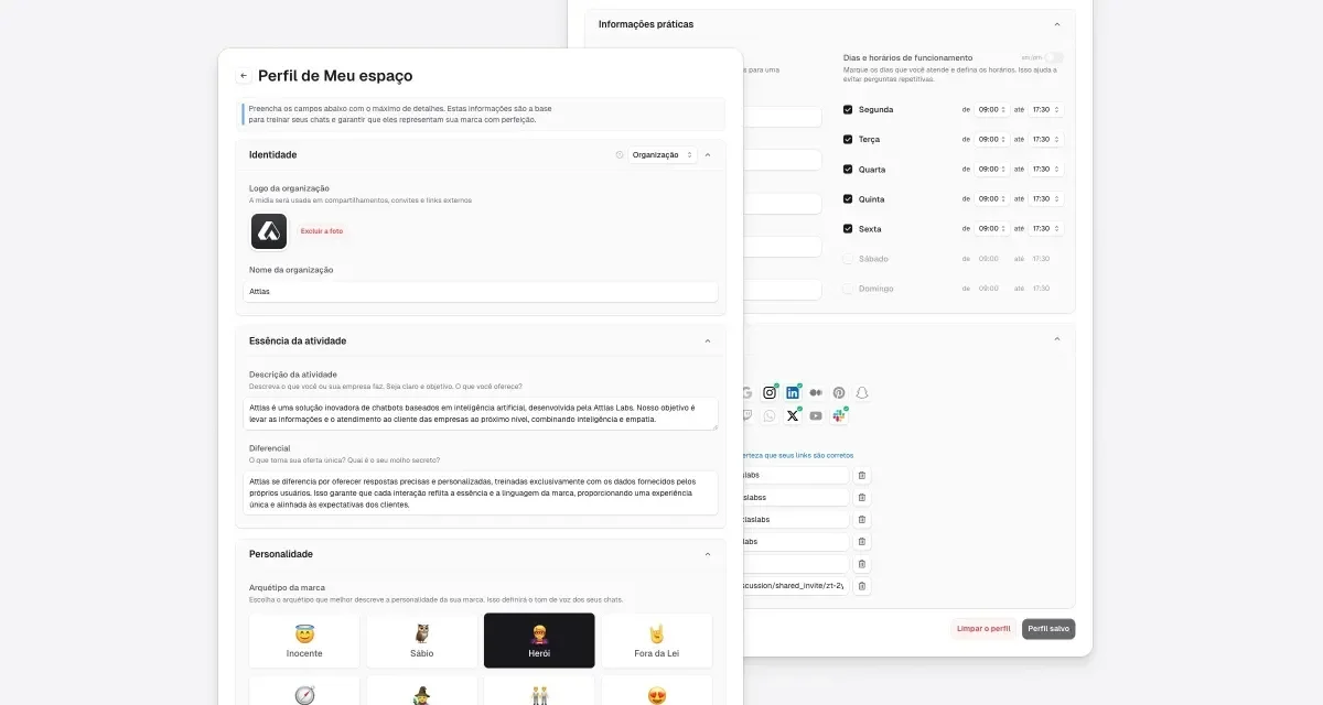The image showcases the user interface of the Attlas SaaS platform. It features a "Profile of My Space" section, highlighting user identification details and various settings. The left side displays user information, including a logo and sections for activity status and personalization options. The right side presents additional settings with icons for various functionalities, enhancing user experience. The overall layout is clean and user-friendly, emphasizing customization and data organization.