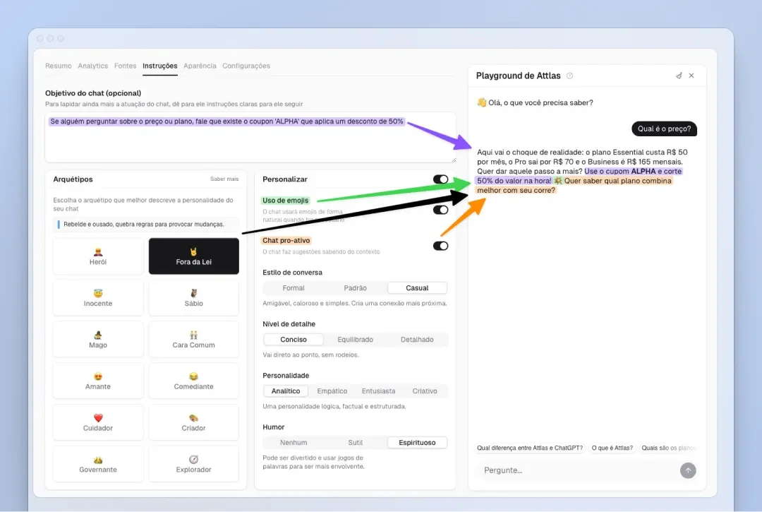 The image depicts a user interface from the Attlas platform, showcasing a "Playground" section for creating customized AI chats. The interface features a navigation panel with labeled sections such as "Objetivo de chat" (Chat Objective) and "Arquetipos" (Archetypes), along with various customization options like "Usar a minha" (Use my data) and "Estilo de conversa" (Conversation style). The left side illustrates the settings window where users can adjust parameters for their chat, while the right side displays a text input area for creating or editing chat responses. Color-coded arrows highlight different features and settings, emphasizing the platform's user-friendly approach to personalization.