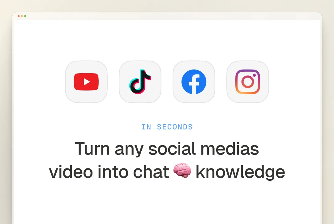 A minimalist design featuring popular social media platform icons: YouTube, TikTok, Facebook, and Instagram. Below the icons, bold text reads: "Turn any social media video into chat knowledge" with an emphasis on the word "knowledge" represented by a brain emoji. The background is light-colored, enhancing the clarity of the message.