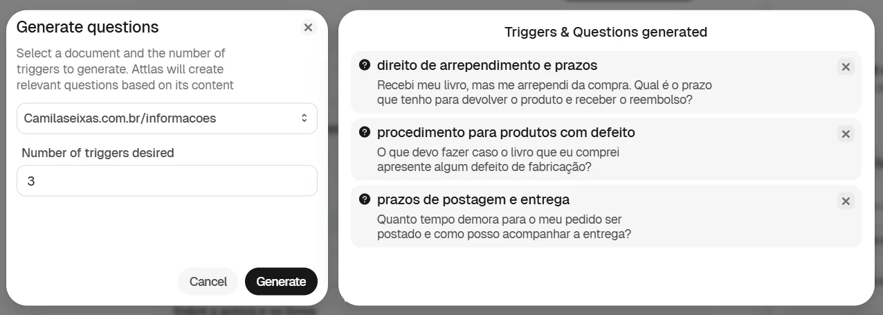 Attlas interface showing the automatic generation of trigger questions. On the left, a "Generate questions" modal where the user selects a source, defines the number of questions, and clicks "Generate." On the right, the "Triggers & Questions generated" screen displays three automatically created questions related to deadlines, returns, and product defects.